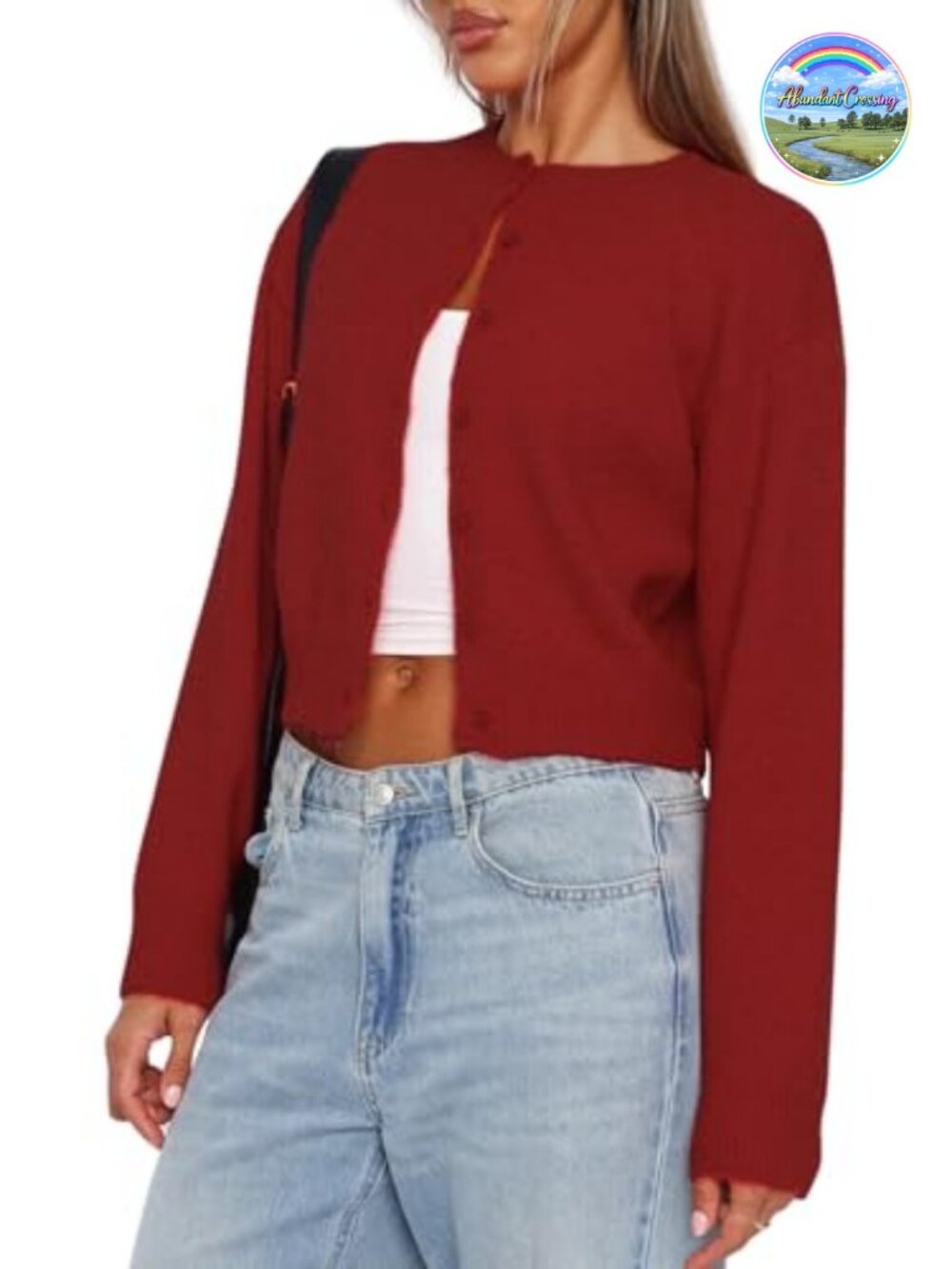 Cropped Button Down Cardigan Sweater Long Sleeve Crew Neck Knit